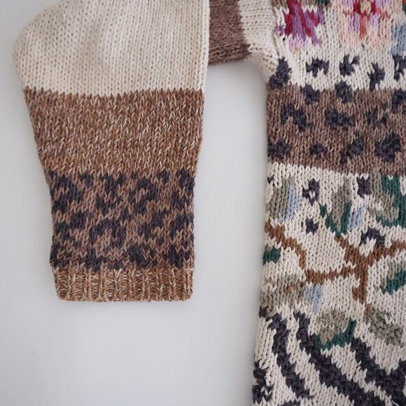 Vintage Tiara Cream Brown Knit Floral Knit Cotton Blend Crewneck Sweater XL - Picture 10 of 13